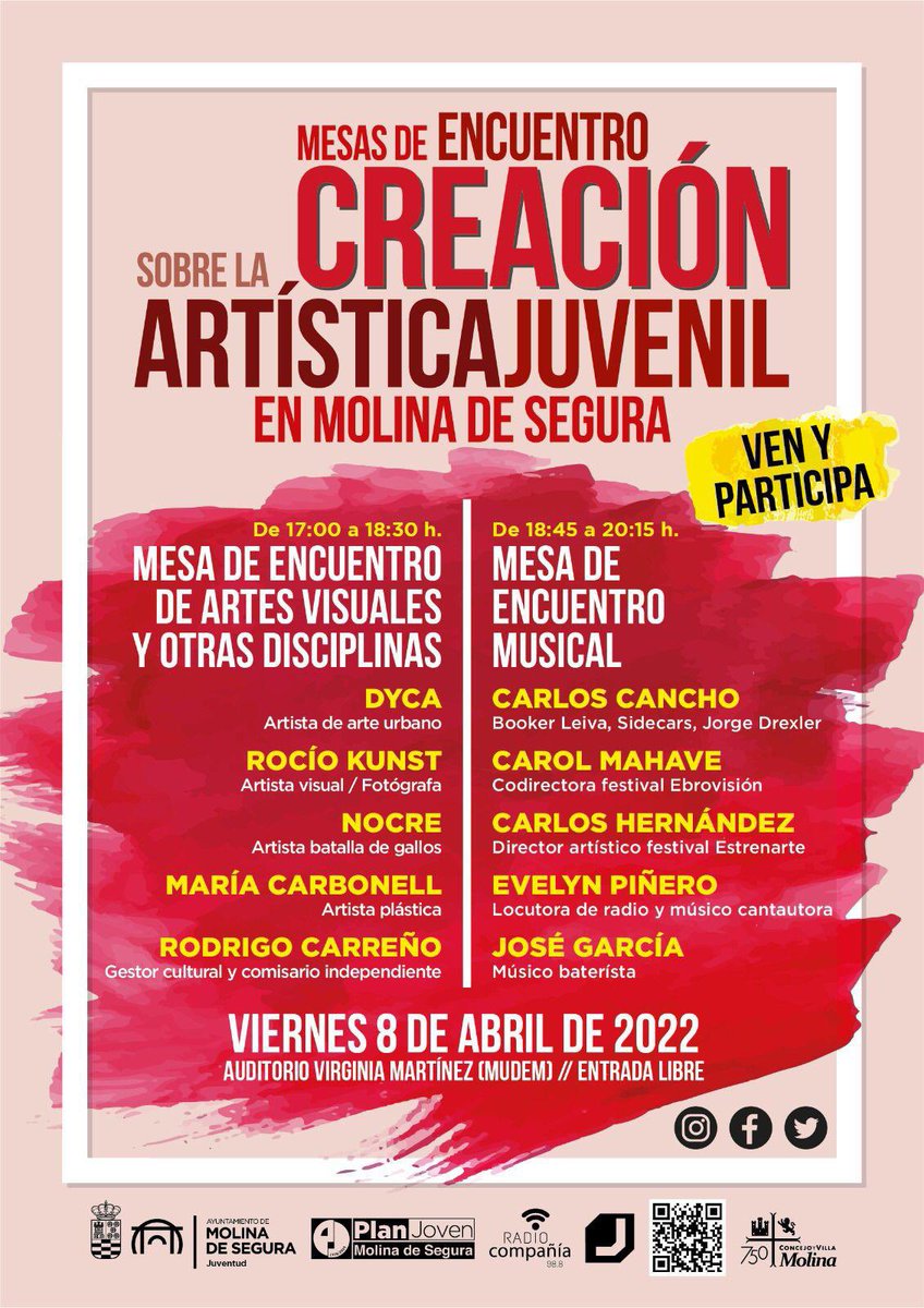 juventudmolina's tweet photo. Comenzamos la mesa sobre la creación artística juvenil en #MolinadeSegura con @NortesSoledad y como ponentes #RocioKunst #Mariacarbonell #Dyca #Nocre y #RodrigoCarreño en #MolinadeSegura https://t.co/2RTuw4yIGV