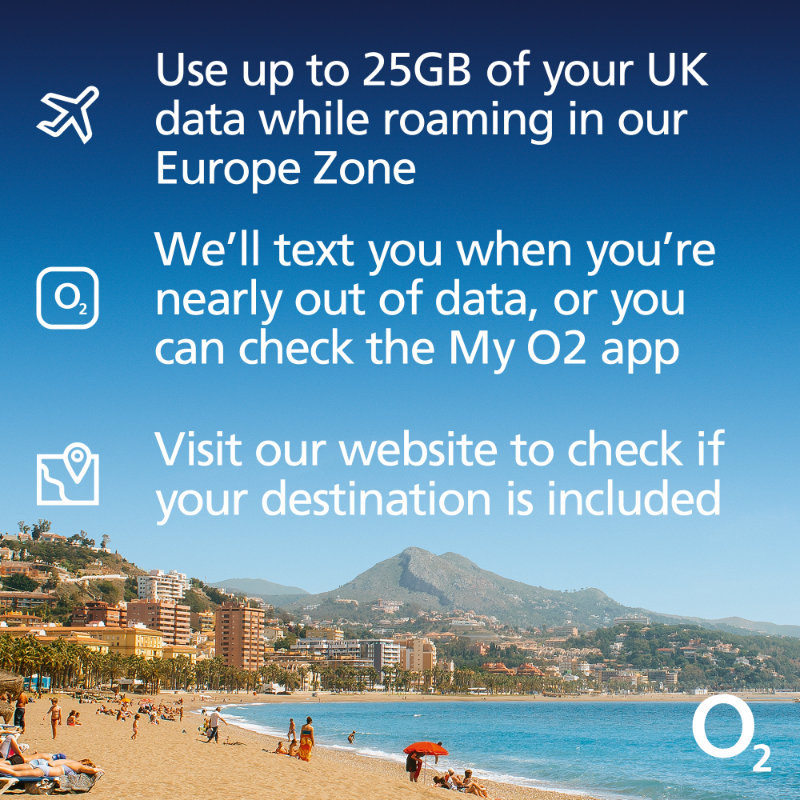 O2's tweet photo. Many of us haven't been on holiday for a while so we've seen a lot of questions about roaming.

We've got you covered - your data, minutes and texts will work in the EU, just like they do at home (up to 25GB).

Check out our tips https://t.co/bdRoFOpmQQ or reach out if you need.