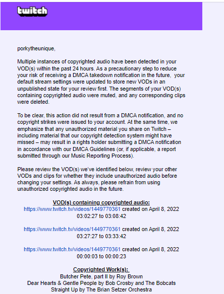 porkytheunique's tweet photo. I love it how #twitch sends these #DMCA emails now when you infringe. Shows the time of when it happened and what specific songs they detected. Quite cool

#Streamer #Streaming #SmallStreamer #Copyright #TwitchStreamer #SmallTwitchStreamer https://t.co/aHiaFvkNTH