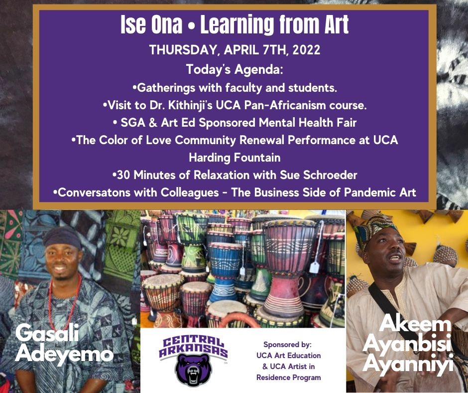 Yesterday was an action packed day for Akeem Ayanbisi Ayanniyi and Gasali Adeyemo. On their second day at UCA, these guest artists from Nigeria lead a high-energy school assembly at Jim Stone Elementary School with the assistance of Stacy Hammons, an art teacher.