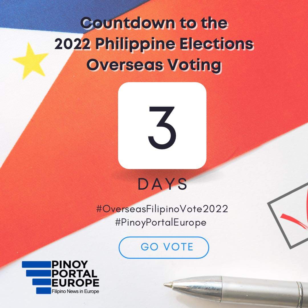 PinoyPortalEU's tweet photo. It's 3 days to go before you can vote in the 2022 Philippine elections. 
Vote wisely!

#MigrantVoteMatters
#OverseasFilipinoVote2022
#PinoyPortalEurope https://t.co/ZSrviJbXBF