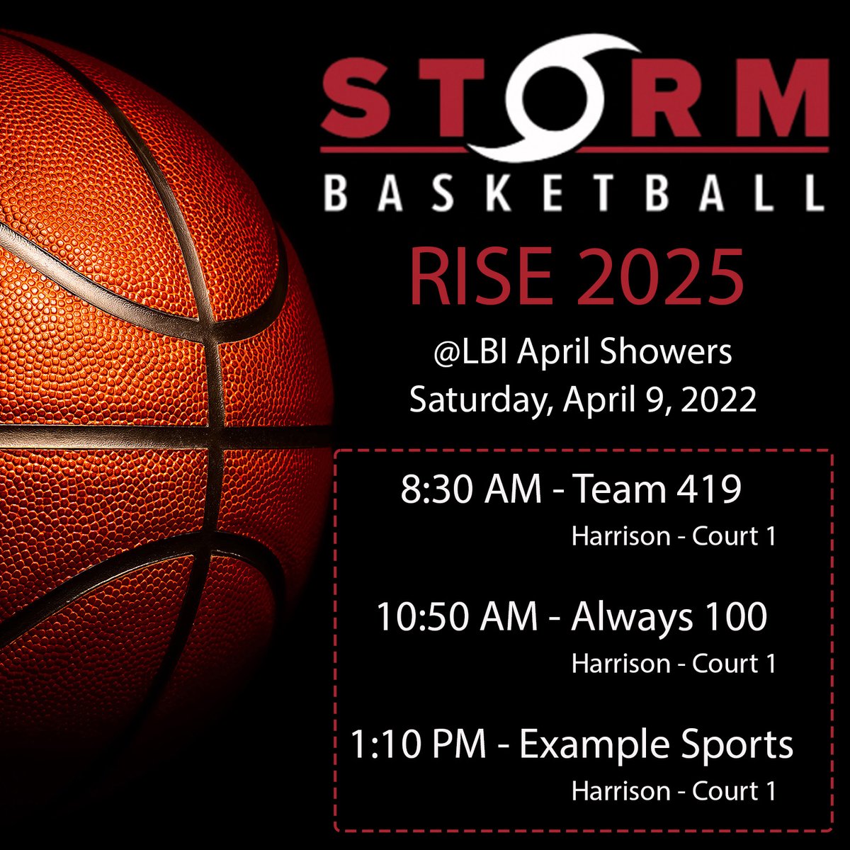 storm_rise25's tweet photo. Let's go!  Can't wait to get on the court tomorrow.  Here's our schedule for Saturday, April 9th.  We'll be on court 1 at Harrison for all three games.

Who else is in Warsaw, IN this weekend? https://t.co/KgmCV5UKrR