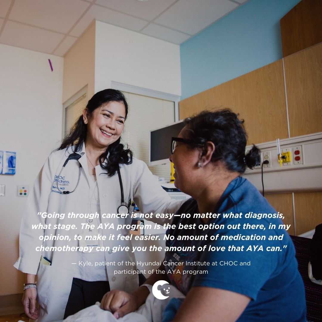 chocchildrens's tweet photo. CHOC has one of the only cancer programs in the country for adolescents & young adults (AYA) where they will receive treatment from two types of oncology experts: one who specializes in their type of cancer and one who specializes in the needs of AYAs. #AYAawarenessweek https://t.co/GiFRPGFREc