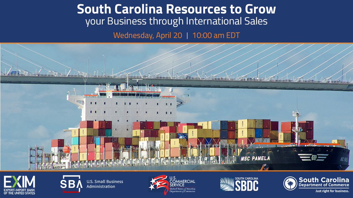 Companies that export are 17% more profitable than companies that do not. Join <a href="/EximBankUS/">U.S. Export-Import Bank</a>, <a href="/SBAgov/">SBA</a>, <a href="/ExportGov/">U.S. Commercial Service</a>, <a href="/SCSBDC/">SCSBDC</a> &amp; <a href="/SCcommerce/">SC Dept. of Commerce</a> to discuss how &amp; why 300,000 #SmallBusinesses are exporting. Learn how to find intl buyers, obtain financing +more! bit.ly/3tPFJ4j