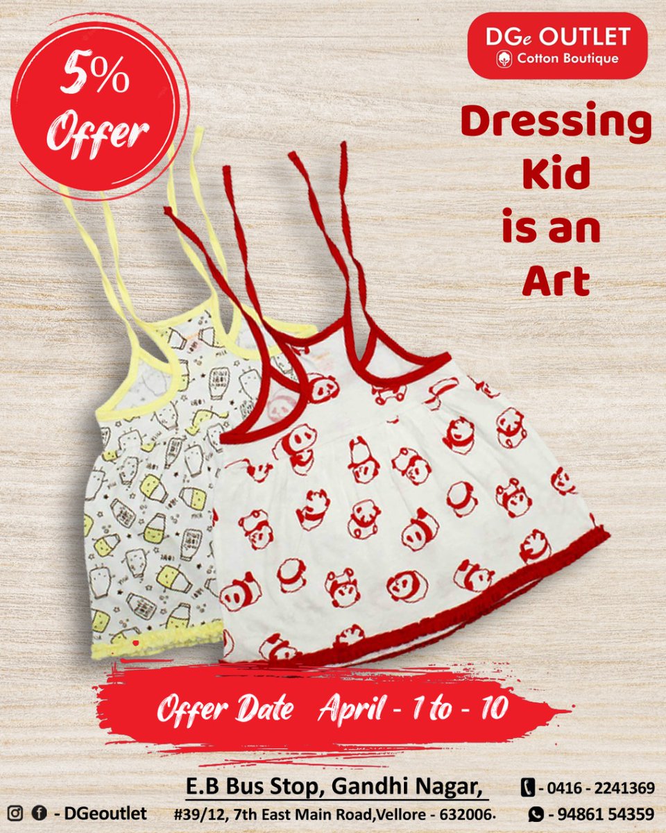 DgeOutlet's tweet photo. Dressing Kid is an Art

#kidsfashion #kidscottondress #cottoncollectionforkids #kidsdress #cotton #cottoninvellore #kidswear

DGe Outlet.... Cotton Boutique ...
Call : 04162241369
9486154359 https://t.co/ns8WQdQ2yh