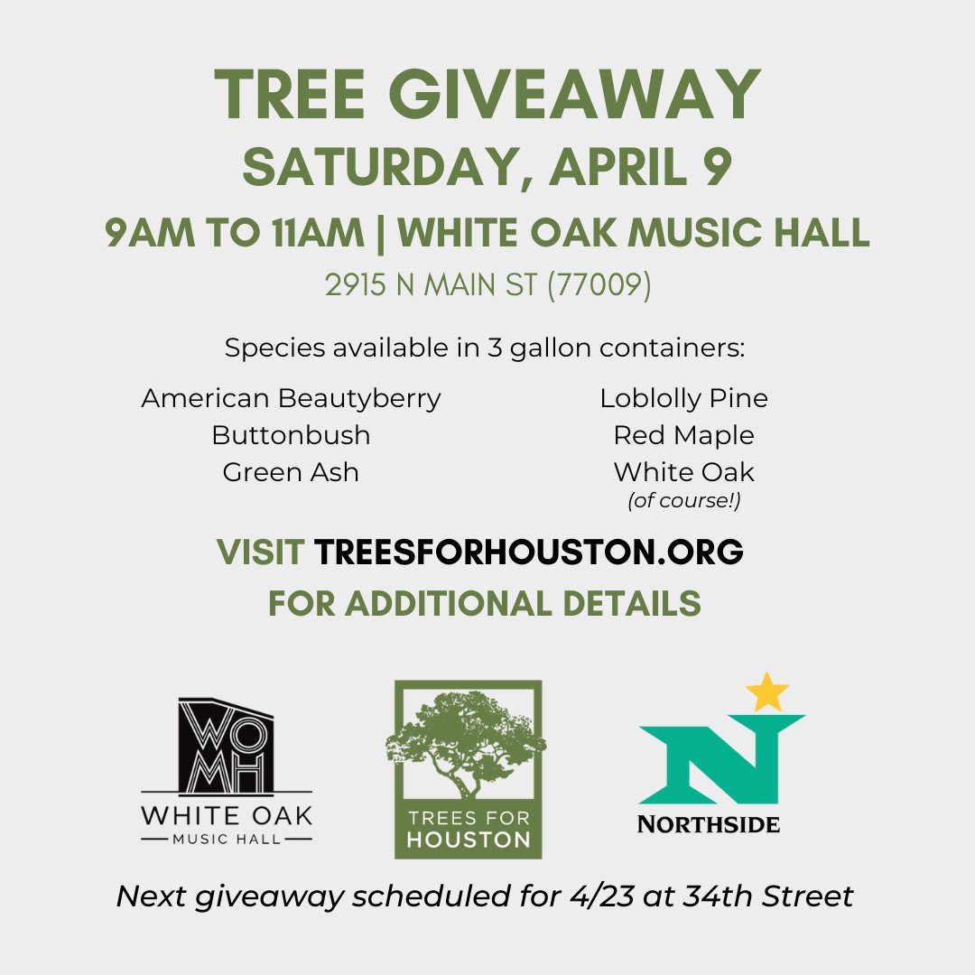 GNMDistrict's tweet image. FREE Drive-Thru Tree Giveaway
Tomorrow (4/9/2022) from 9 - 11 a.m.
White Oak Music Hall
Enter Parking Lot B off North Street; Exit on E Woodland St

#TreesForHouston
#WhiteOakMusicHall
#GreaterNorthsideManagementDistrict