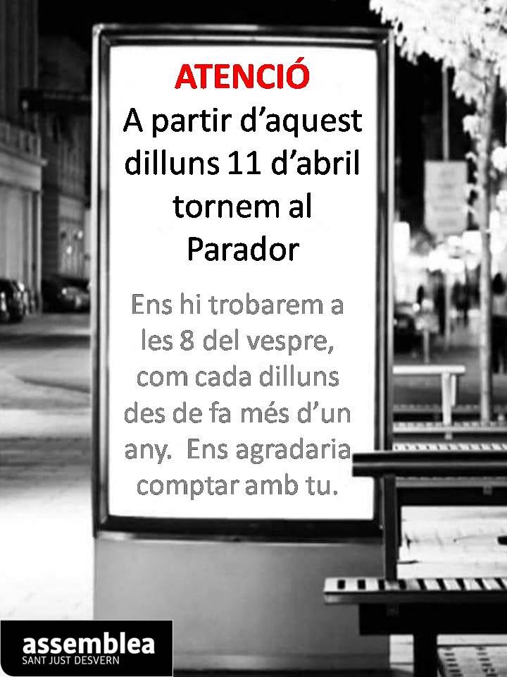 Aquest dilluns també us convoquem per cridar i cantar en contra la repressió de les institucions espanyoles.<a href="/assemblea/">Assemblea Nacional Catalana</a> <a href="/StJustxIndepend/">StJustxIndependencia</a> <a href="/Baix_Llob_Est/">Òmnium Baix Llobregat Est</a> <a href="/omnium/">Òmnium Cultural</a>