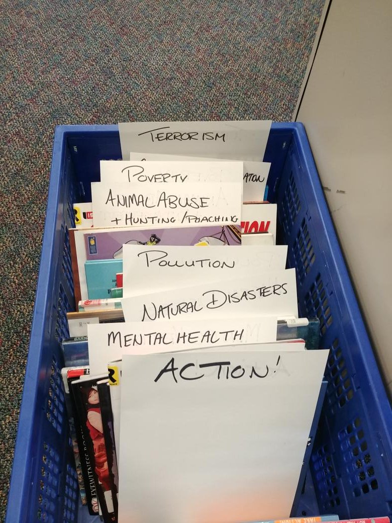 Starting our Exhibition research this week. Having this bin of books organized by topics from our learning commons was a huge motivator for students to start their research offline #NationalLibraryWeek