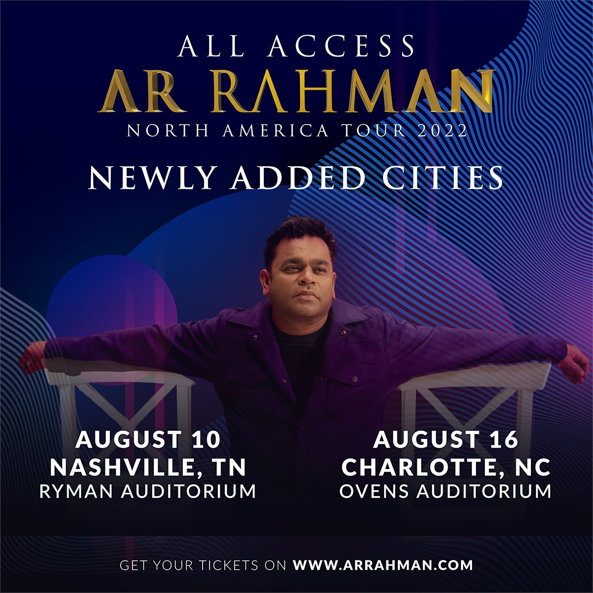 Friends in North America! New cities added!
Welcoming Nashville and Charlotte to the routing plan!
For tickets, log on to arrahman.com
#arrahman #arrahmanlive #allaccessarrahman #northamericatour #healingworld #EPI
