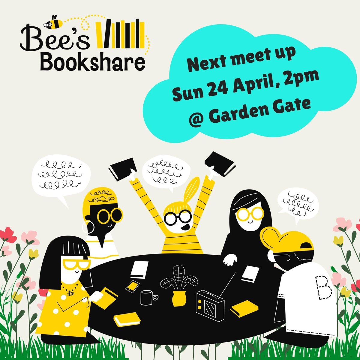 BeesBookshare's tweet photo. We're back for our next meet up on Sunday 24 April, 2pm at The Garden Gate Project🎉📚 We'll have tea, cake and as it's #WorldBookNight the previous eve, there'll be a little booky surprise for everyone, as well as news of an exciting new bookshare initiative! #BeesBookshare 🐝 https://t.co/FqXB2Hbhso