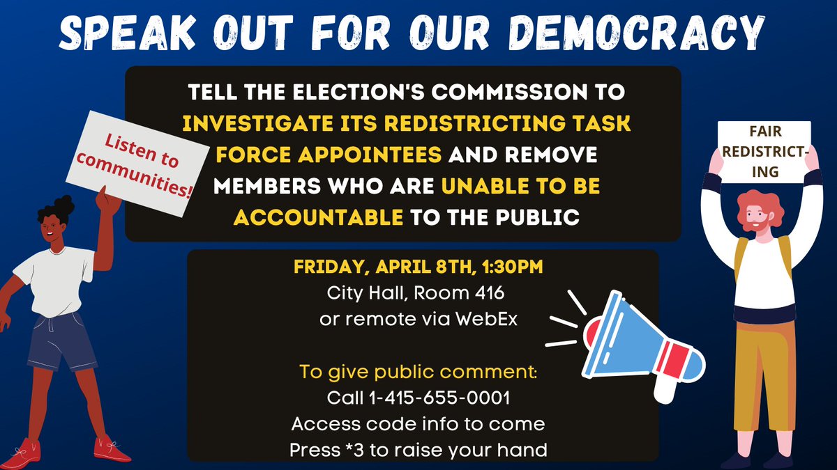 PODERSF's tweet image. URGENT: Show up today at 1:30pm Elections Commission emergency meeting to demand public accountability from the Redistricting Task Force
#CommunityDistricting #FairDistricting #RedistrictingSF