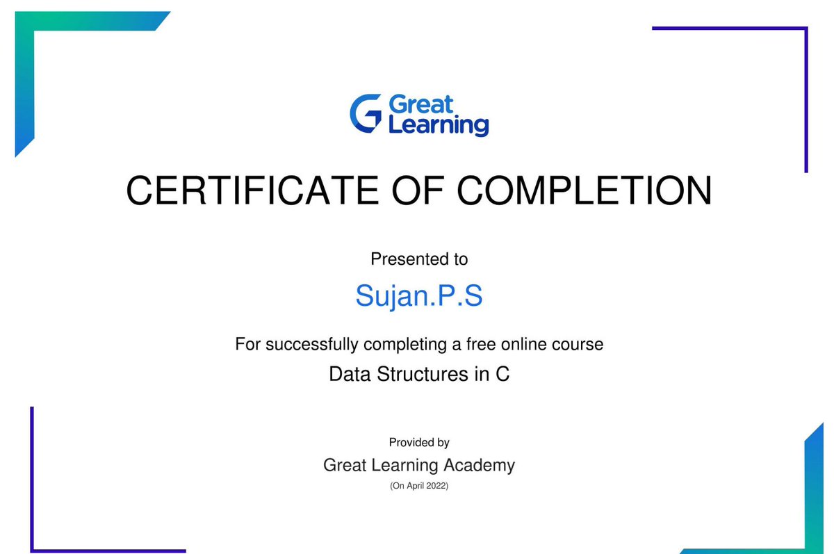 Sujan_____'s tweet image. I Completed Data Structures in C on Great Learning Academy .
.
#datastructureinc #certificatecourses #problemsolving #skillsdevelopment #coding #learning #training #education #university #college #student
( #thankyougreatlearningacademy )

olympus1.mygreatlearning.com/course_certifi…