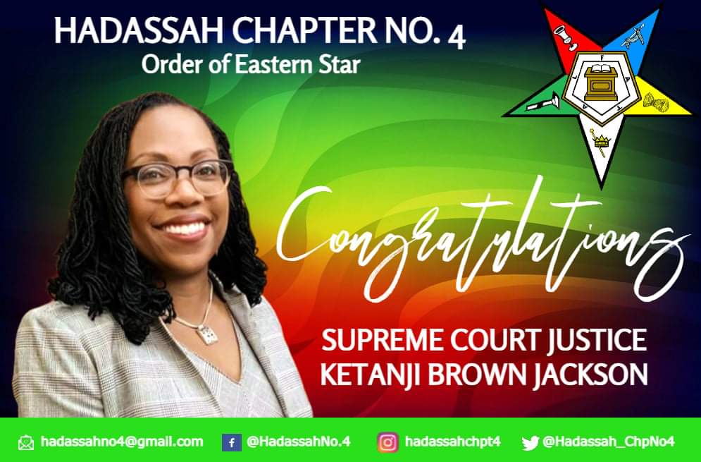 Hadassah_ChpNo4's tweet photo. Congratulations to Judge Ketanji Brown Jackson on becoming the first black woman Supreme Court Justice. Your background and experience make you the best candidate for this position regardless of the naysayers. Throughout this process you have exhibited tremendous poise and grace. https://t.co/Xl58xR5ixe