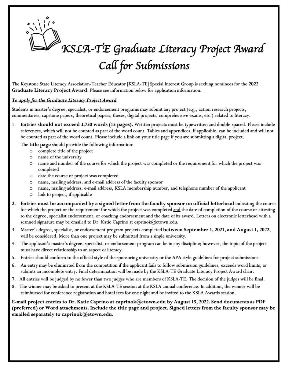 KSLA_TE's tweet image. We're super excited to announce the call for our 2022 Graduate Literacy Project Award! Please share with graduate students who are doing a literacy-focused project! Our deadline is August 15, 2022! Please reach out to @KCapLiteracy with any questions! @KeystoneReading