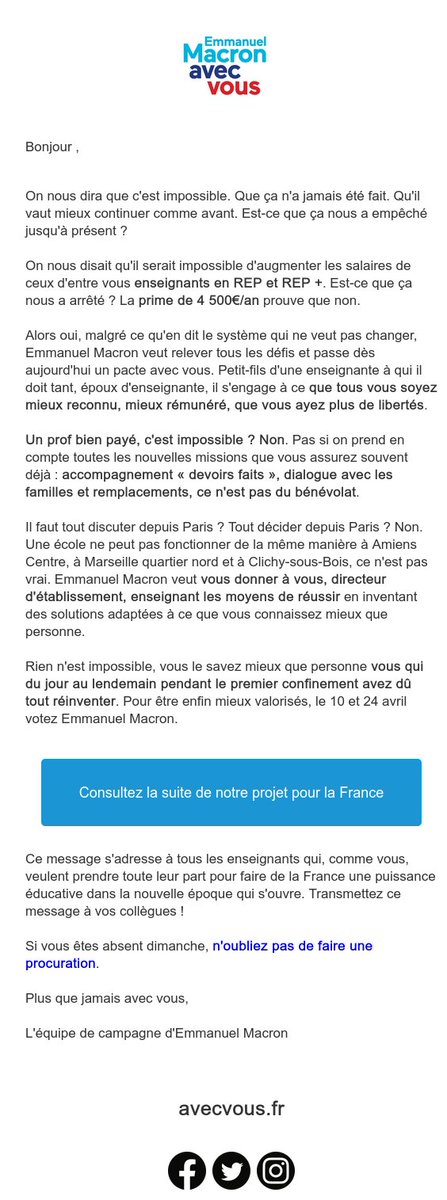 Je suis très énervé. Je me retiens de ne pas être vulgaire. Je n'ai jamais vu cela en 20 ans de carrière. Voici qu'un candidat à l'indécence d'envoyer sa propagande dans la boite mail de l'école. Évidemment cela ne pouvait être que <a href="/EmmanuelMacron/">Emmanuel Macron</a> qui se le permette. Quelle honte