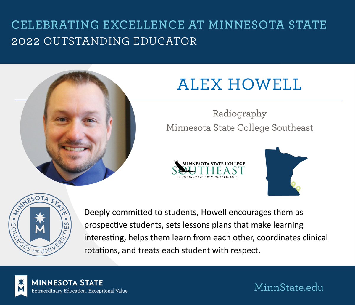 MinnStateASA's tweet photo. Congratulations Alex Howell, @MSCSoutheast 2022 Outstanding Educator!
See more at https://t.co/7M4zUHS4ne #MinnStateBOTAwards https://t.co/Wg7rmvdbj2