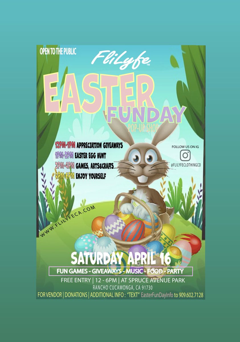 FliLyfe's tweet photo. FliLyfe Easter FunDay Pop-Up Shop 2022 🛩🐰

🗓 Date: April 16, 2022
📍Location: Spruce Avenue Park, Rancho Cucamonga, CA
⏰ Time: 12pm-6pm

BRING THE KIDS OUT AND JOIN US FOR #FliLyfeEasterFunDay 🛩🐰 https://t.co/qT8rEXjLfW
