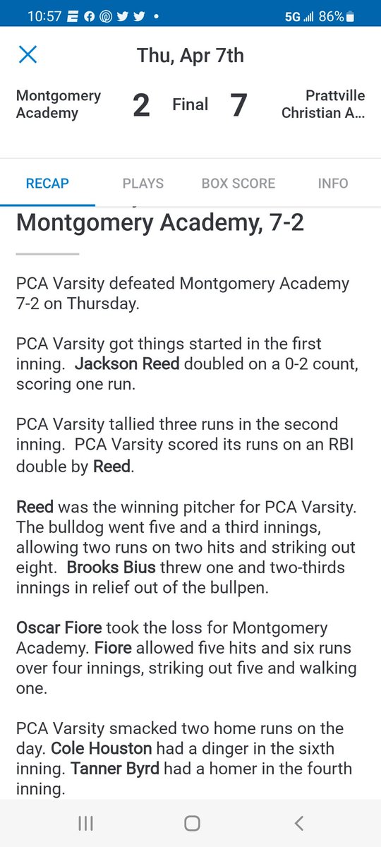 Prattville Christian Academy Baseball tweet media