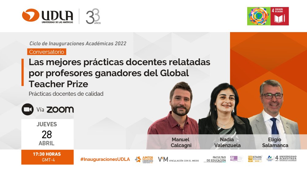 📚Invitamos a participar en el Conversatorio: “Las mejores prácticas docentes relatadas por profesores ganadores del Global Teacher Prize”. Jueves 28 de abril, 17:30 horas. 📲Inscripciones: bit.ly/3LPo7g3
#UDLA #UDLAChile #Educacion