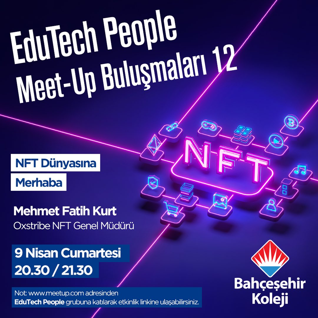 📢 Bahçeşehir Kolejinin katkılarıyla EduTech People Meet-Up Buluşmalarının 12’ncisi Oxstribe NFT Genel Müdürü Mehmet Fatih Kurt’un katılımıyla gerçekleşecek. 

📆 9 Nisan Cumartesi
⏰20.30 - 21.30
👉 Meeting ID: 913 5165 2562 
👉 Passcode: 701239

#EduTechPeople