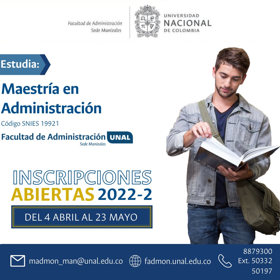 fadmonUN's tweet photo. ¡Las inscripciones están abiertas!

La maestría en administración cuenta con: el perfil profesional (MBA) y el perfil investigativo (MSC); estudia este posgrado y adquiere conocimientos avanzados y actuales sobre administración.

#UNAL #Manizales #Educación #Posgrados #Maestria https://t.co/GeAajOYDF6