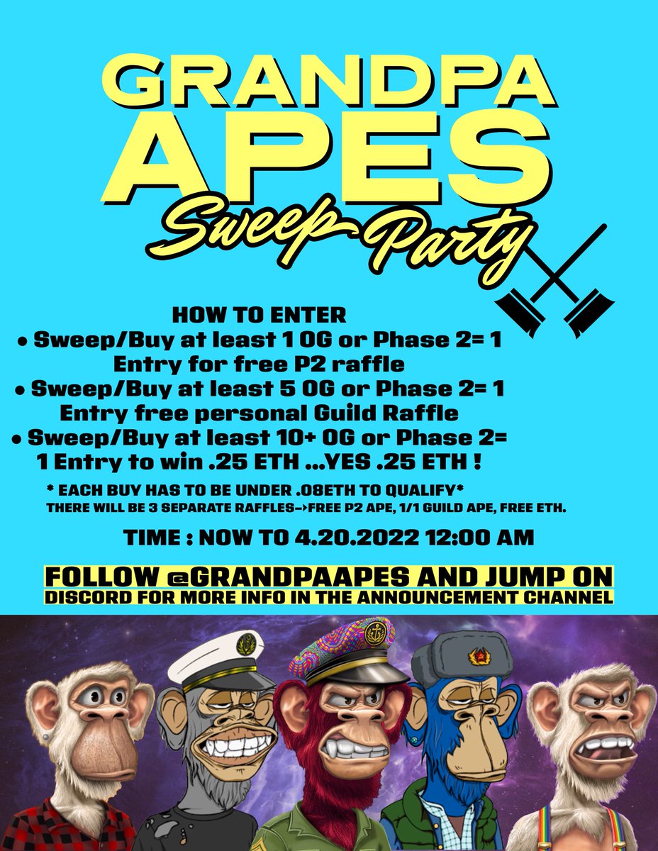vvsvon1's tweet image. It’s time to bring the brooms out🧹. Sweep party is LIVE! Check out the details in the flyer and join the discord to see further details and open a ticket @GrandpaApes lfffggggg

Thanks @IamJay3 for the flyer G🦾