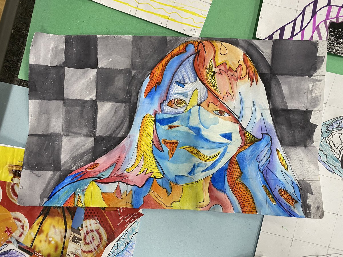 MsSedlack's tweet photo. Mixed media portraits are happening in 6th grade! They are exploring new media techniques and color schemes. Really amazing to see their confidence they’ve gained since the beginning of the year as they work through the artist process to create a masterpiece. https://t.co/642qWFluVz