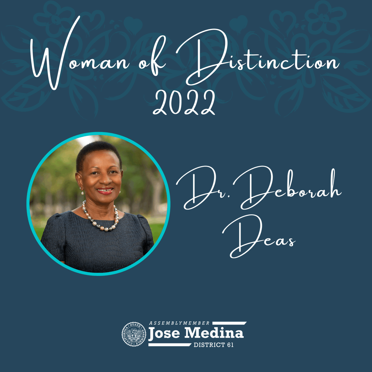 Congratulations to <a href="/UCRiverside/">UC Riverside</a> SOM VC and Dean Deborah Deas, M.D., M.P.H., on receiving the 2022 61st Assembly District Woman of Distinction Award from <a href="/AsmJoseMedina/">Jose Medina</a> at a luncheon in downtown Riverside today!