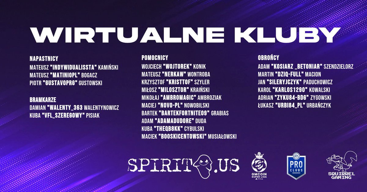 Dobór kadry na nadchodzące tygodnie/miesiące zakończony, tym samym chcielibyśmy Wam przedstawić jak prezentuje się obecnie skład Duszków 👻

Z tego miejsca chcielibyśmy również podziękować wszystkim zawodnikom, którzy reprezentowali nasze barwy w minionych rozgrywkach 👏