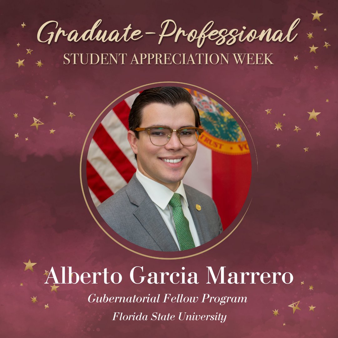 ogfafsu's tweet photo. Celebrating Graduate-Professional Student Appreciation Week with Alberto Garcia Marrero, 2nd year law student @FSUCollegeofLaw. Alberto is a Florida Gubernatorial Fellow @FloridaFellows in the Executive Office of the Governor, Division of Emergency Management. #FSUGradStudent https://t.co/HKPt04N7jy