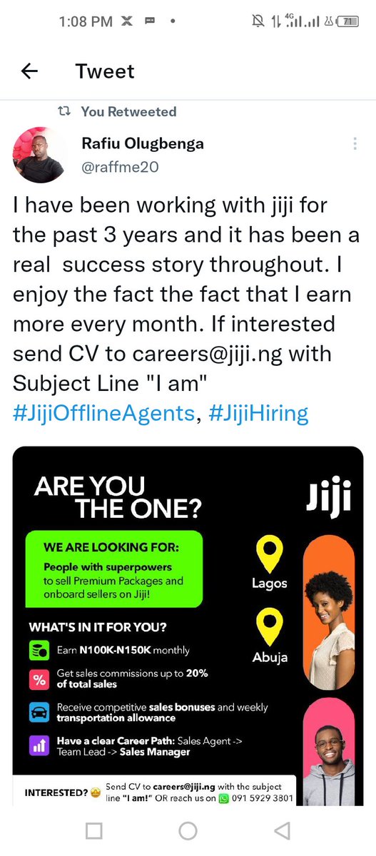 raffme20's tweet photo. Jiji is looking for a competent Sales person to Sell her Premium Service to there client offline.
It's has been so good working for jiji with Weekly Allowance and Salary there is no limit to what you can achieve,you earned more Monthly.
#JijiOfflineAgents
#JijiHiring https://t.co/oKwYuQ3G8g