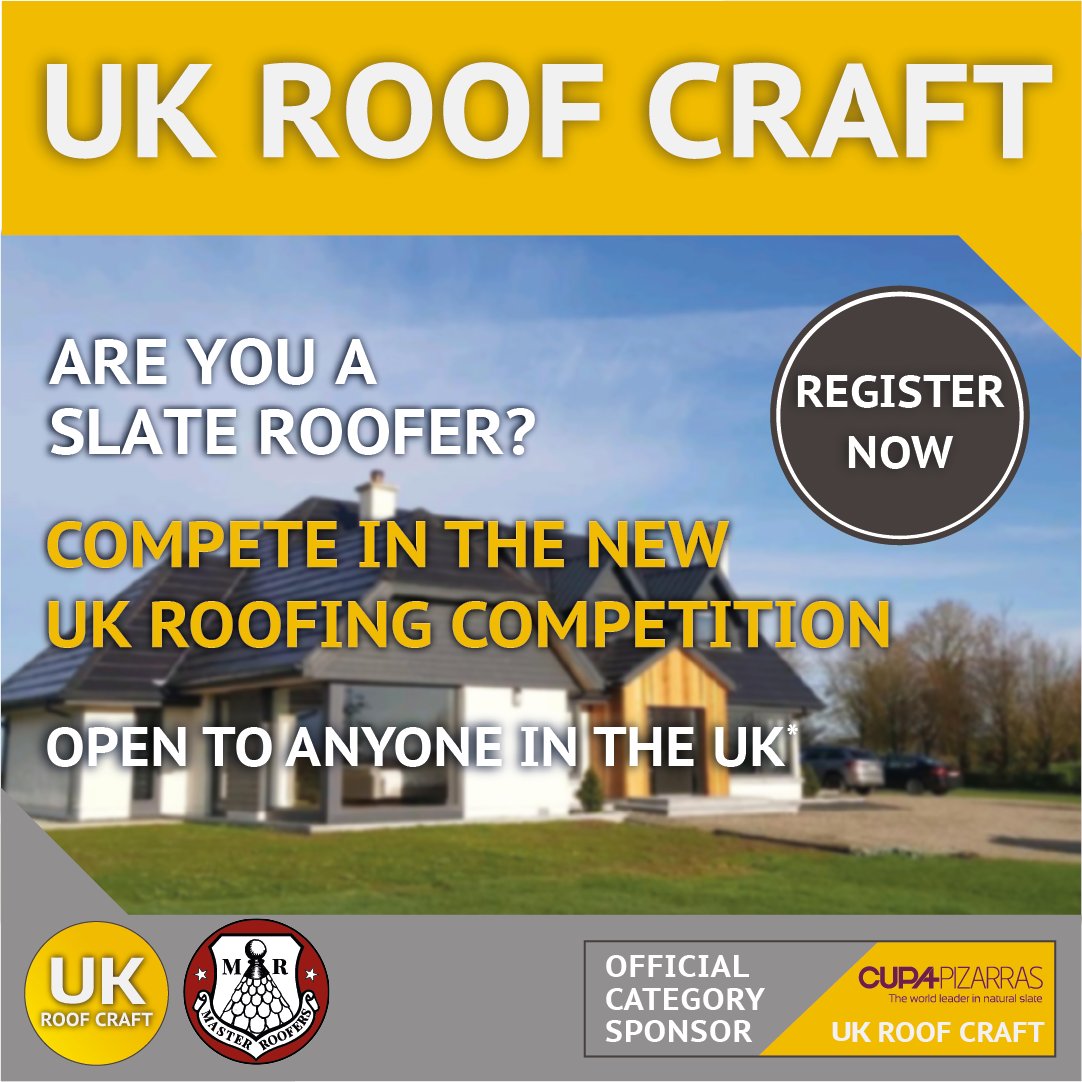 Are you a slate roofer? Compete in UK Roof Craft 2022!

Open to anyone in the UK over the age of 18*. 

REGISTER NOW at masterroofers.co.uk/ukroof-registr…

For more information, visit masterroofers.co.uk

Proudly sponsored by <a href="/CUPAPIZARRAS_en/">CUPA PIZARRAS</a> 

cupapizarras.com/uk/

#CUPAPIZARRAS