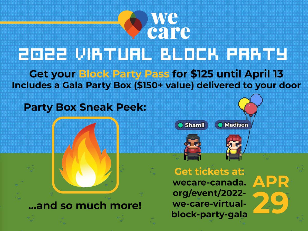 You don't want to miss out on this party! Get your Block Party Pass for $125+HST until April 13. (Even if you can’t attend on the 29th, we’ll still send you a Gala Party Box filled with food, drinks, and activities.) wecare-canada.org/event/2022-we-… Here’s a Sneak Peek of the box.