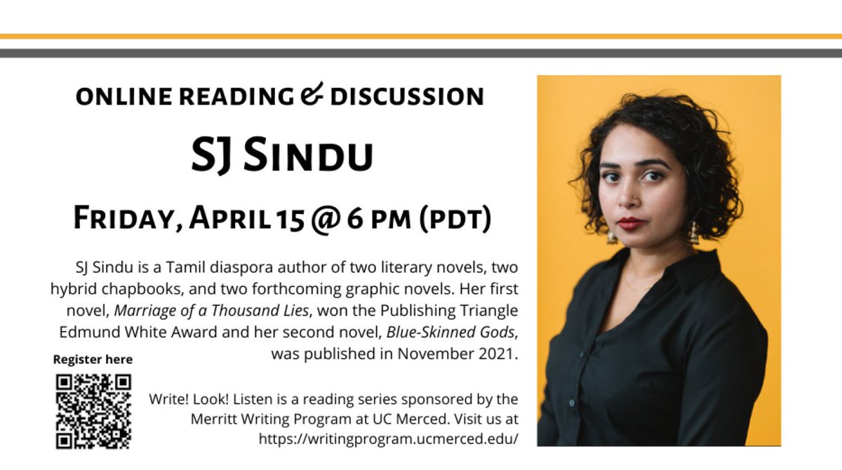 UCMMWP's tweet photo. We are excited to host @SJSindu, author of two literary novels, two hybrid chapbooks, and two forthcoming graphic novels. We hope you join us for a reading and discussion - one week from today!
#Writing #WritingCommunity #UCMercedWrites
Register now: https://t.co/XQDCevCZdg https://t.co/vp7Adjas5L