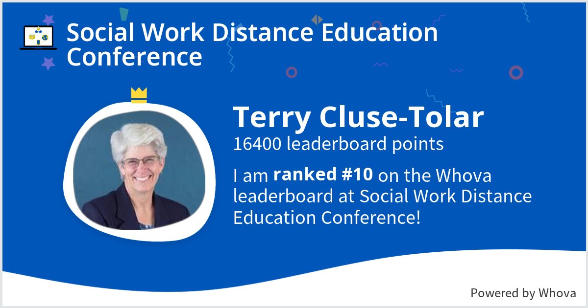 OhioUSocialWork's tweet photo. I ranked #10 on the Whova leaderboard at Social Work Distance Education Conference! @SWDEConference #SWDEConference #swde2022 #SocialWorkDistanceEducation - via #Whova event app https://t.co/Vx6xnjSSbF