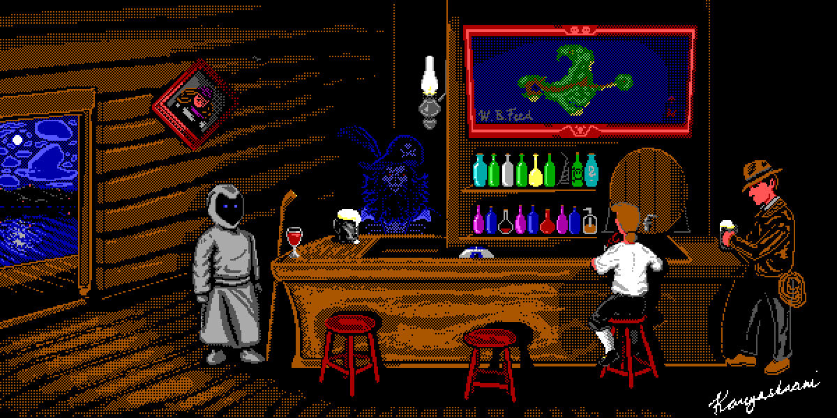 kangaskaani's tweet photo. My first big piece. Made this a while back as a tribute to classic LucasFilm adventure games. Now even more relevant! I call it "The EGA Bar" #ReturnToMonkeyIsland #MonkeyIsland #pixelart Still need more practice! https://t.co/V2rAq89XN0