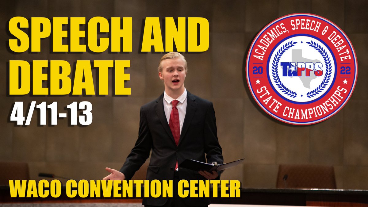 TAPPSacademics's tweet image. Next Week! We&apos;ll see you at the Waco Convention Center for our #TAPPSacademic and #TAPPSspeech 2022 State Championships!