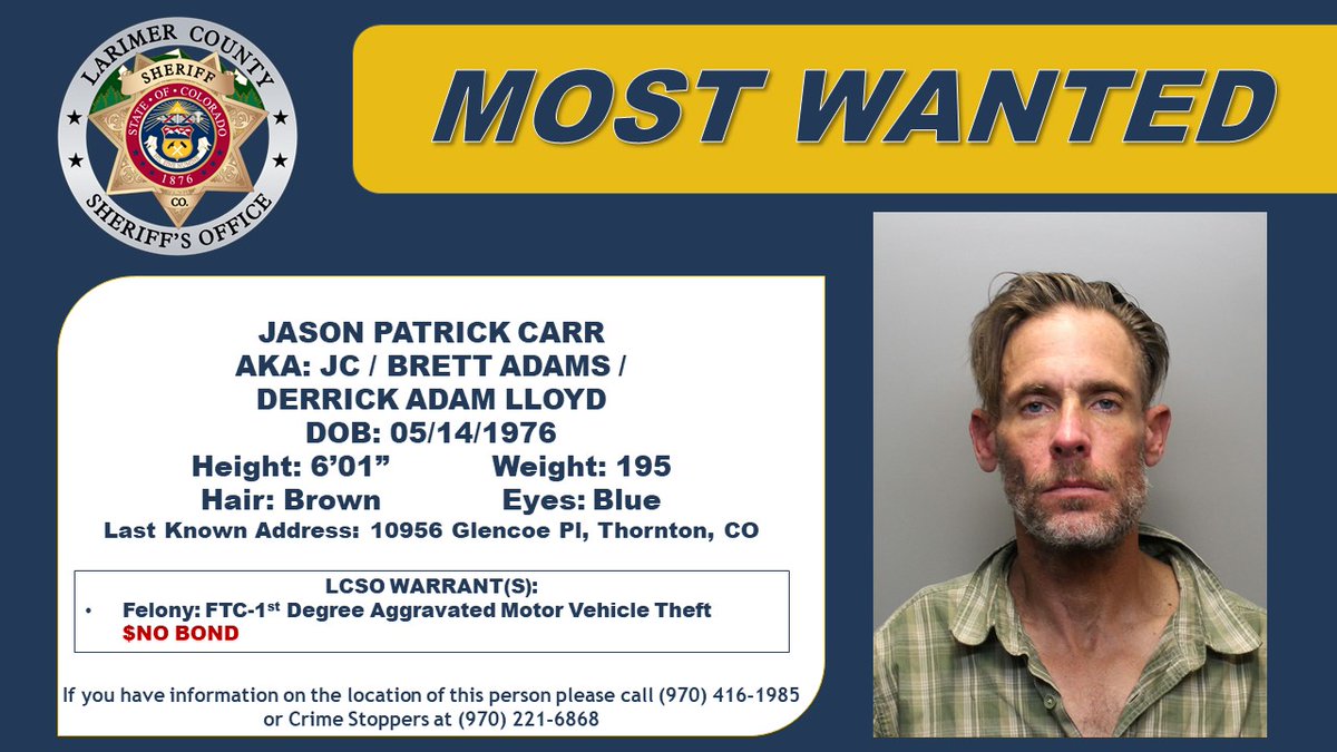 LarimerSheriff's tweet image. LARIMER COUNTY'S MOST WANTED

We're looking for Jason Patrick Carr. Do you know where he is?