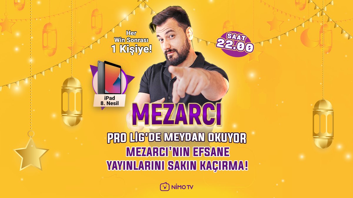 Mezarcı Türk Pro Ligi'nde meydan okuyor!💪

Ramazan Ayı boyunca alacağı her win ile iPad hediyesi Mezarcı'dan siz izleyicilerine hediye!🎁

Yayınlara katılmayı ve takip etmeyi sakın unutma!💜

🕔22.00
📺nimo.tv/mezarci

#NimoTV