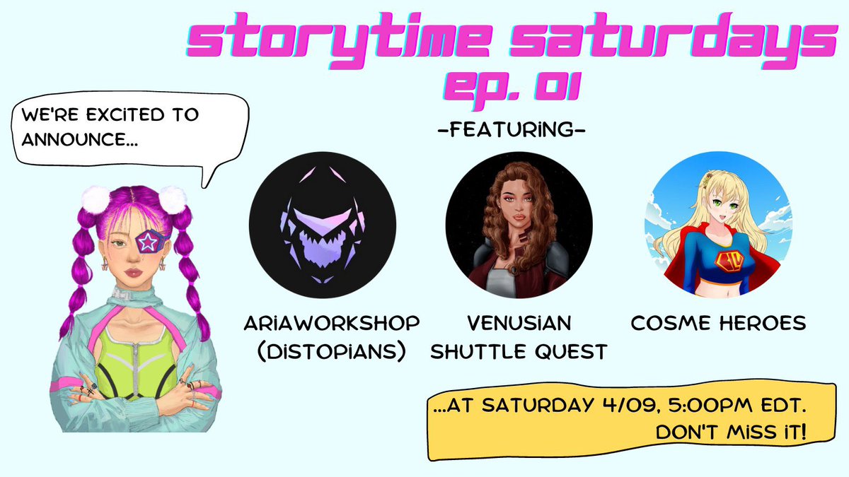 We are super excited to join <a href="/nft_Babette/">Babette | 바벳</a> for their storytime saturdays tomorrow along with these awesome projects! <a href="/AriaWorkshop/">AriaWorkshop.eth</a> @CosmeHeroes. Stop in and join us! 
                        🚀🚀🚀
#nftcommunity #webtoon #graphicnovel #scifi #pfpNFT