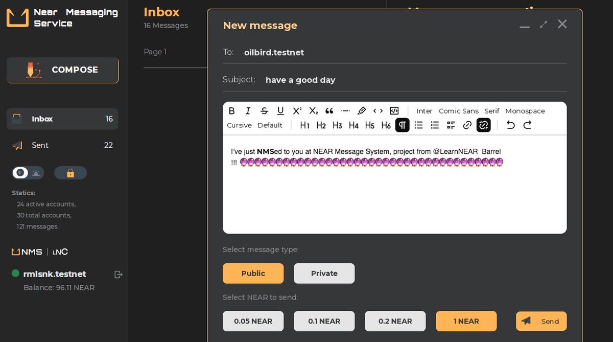byielder's tweet photo. 🔮 I’ve just NMSed  my friend at NEAR Message System, project from @LearnNEAR Barrel ! https://t.co/40ggHw7MkM