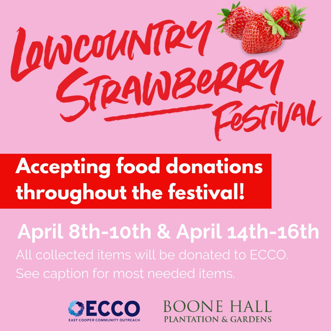 Donate during the festival! All collected items will be donated to ECCO, our current needs are beef soup, salad dressing, baked beans, lima beans, canned sweet peas, cookies, snack cakes, flavored grits, deodorant, &amp; toilet paper. We’re thankful for the support from Boone Hall!