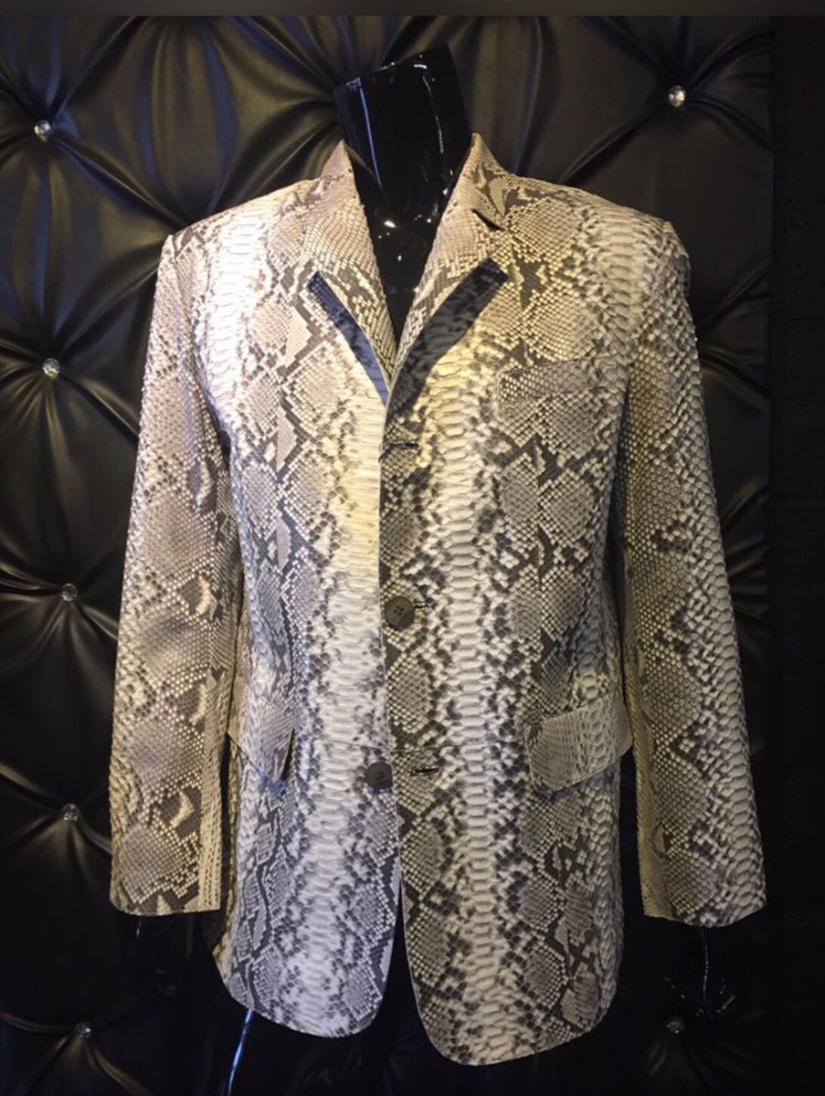 svanlunddesign's tweet photo. Genuine Python Leather Jacket in grey white. It doesn’t get more rock’n’roll as this. #svanlund #leather #python #jewelry #custommade #stagewear #snakejacket #vegas https://t.co/uHBWu9WzS8