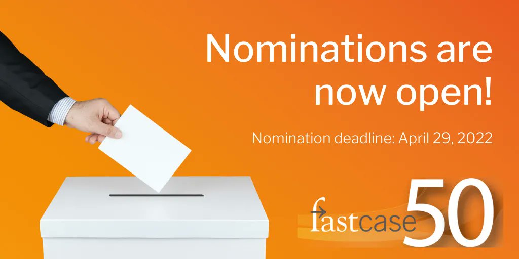Nominations are OPEN! 🗳️ Every year <a href="/fastcase/">Fastcase</a> honors the most inspiring &amp; noteworthy innovators in law with the Fastcase 50 award. Lawyer or non-lawyer, techie or non-techie, anyone is eligible. Nominate a deserving hero to be part of this year's class: buff.ly/3fzCqsr