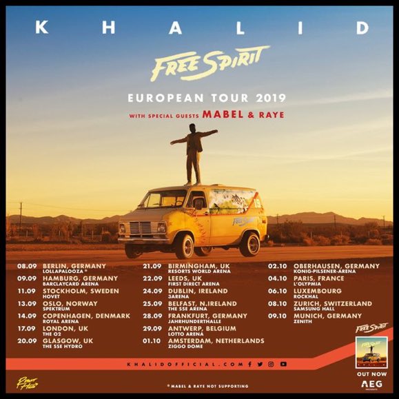 khalidrewind's tweet photo. Khalid announced Free Spirit World Tour dates for Europe, Australia, and New Zealand 3 years ago today 🥺 https://t.co/nSoEfYcBGf