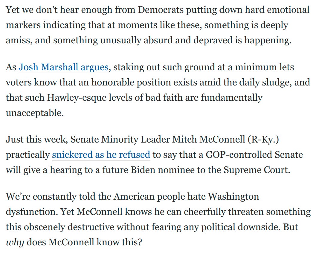 GregTSargent's tweet photo. This week, Mitch McConnell snickered as he refused to say a GOP Senate will give a hearing to a future Biden SCOTUS nominee.

How does McConnell know he won't pay a price for this?

Perhaps it's due to the loudness imbalance:

(w/@joshtpm and @SimonWDC)

https://t.co/aYfvSMv7Ii https://t.co/YmnWZA7F7u