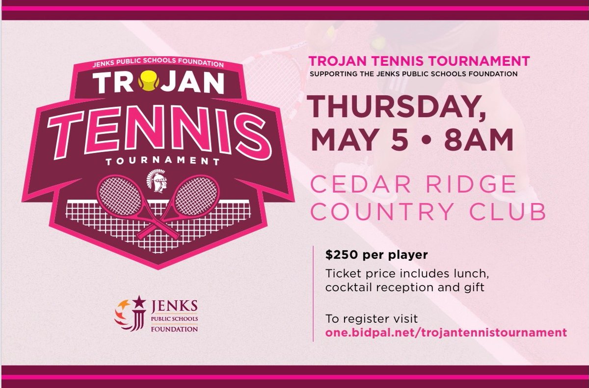 Join us for our doubles Trojan Tennis Tournament supporting the Jenks Public Schools Foundation! To register, please visit: one.bidpal.net/trojantennisto…
<a href="/jenks_tennis/">Jenks Tennis</a> <a href="/jenkstrojans/">@JenksTrojans</a>