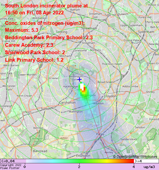 plumeplotter's tweet photo. Latest South London incinerator plume plot, 16:50 08/04/22 #Bandonhill #Wallington #Roundshaw https://t.co/qArVHySiNA https://t.co/EtpidT6utr