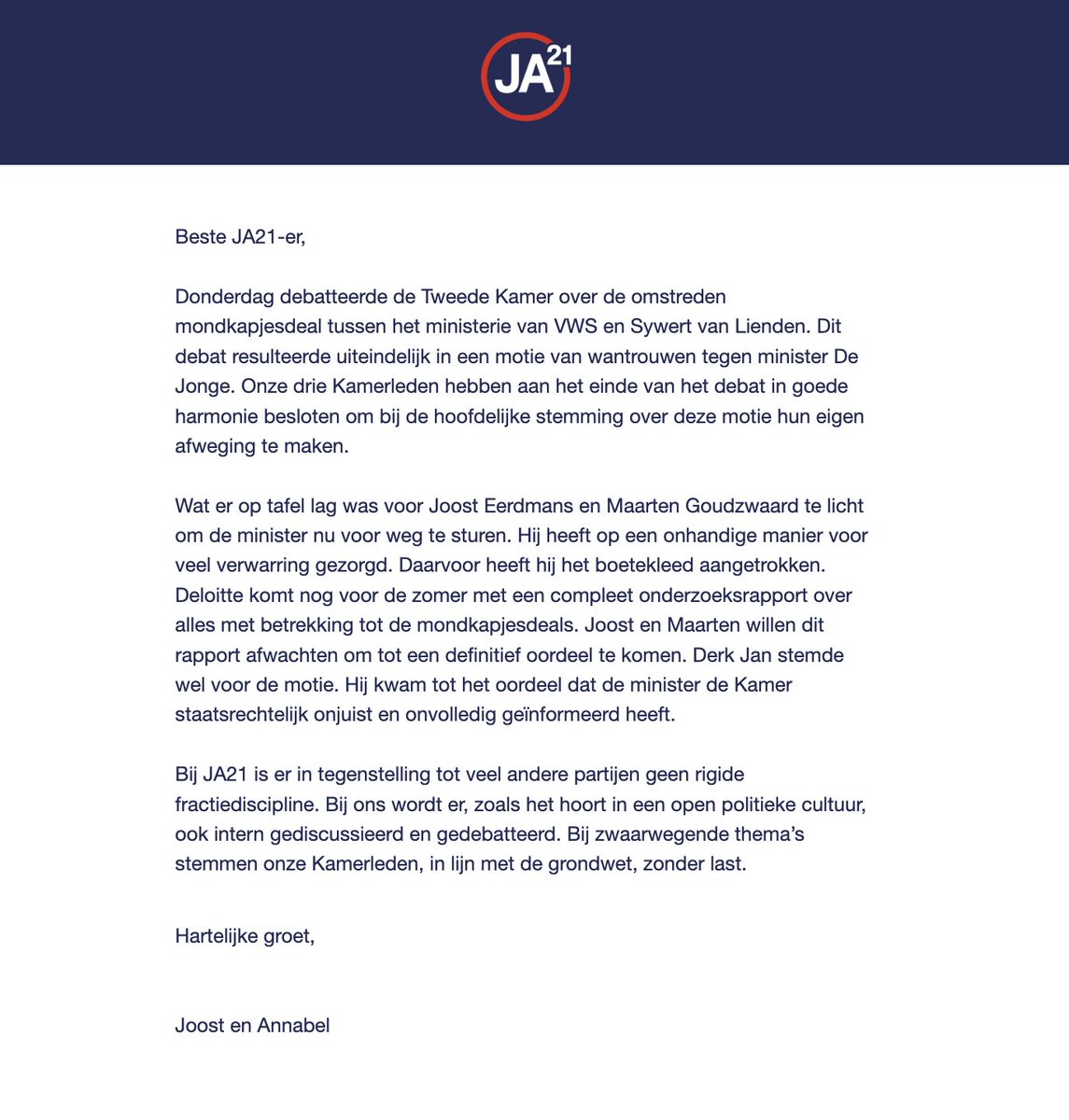 JuisteAntwoord's tweet photo. Vandaag stuurden Joost @Eerdmans en @Ananninga de volgende nieuwsbrief naar de leden van JA21: https://t.co/gnmVAPuEgW