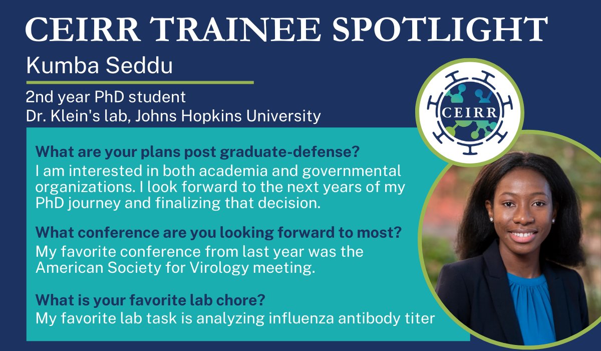 CEIRRNetwork's tweet photo. To celebrate Graduate Student Appreciation Week, the #CEIRR Network is spotlighting our trainees! Today we are giving a shoutout to @Kumba_FuturePhD in the @KleinLab at @JohnsHopkinsMMI. Kumba is originally from Sierra Leone!
#CEIRRTrainees https://t.co/PRgDNQEnTa